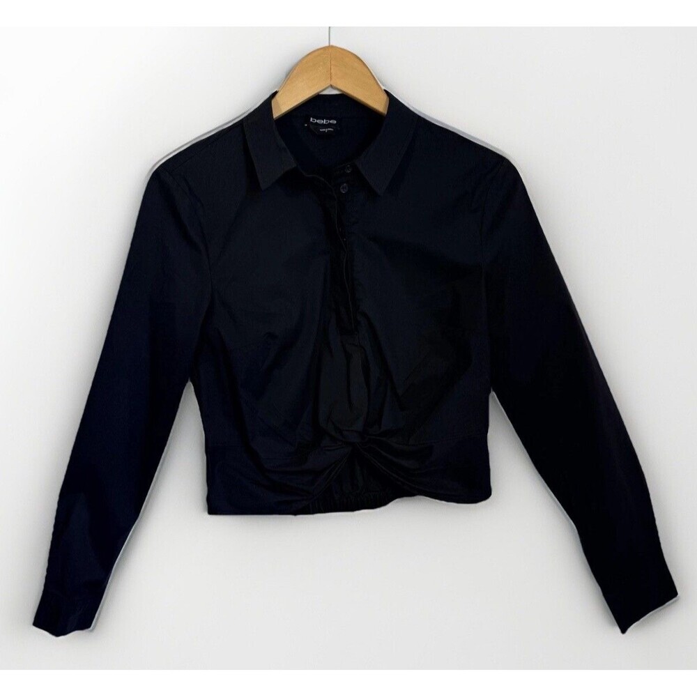 Bebe Black Shirt Small Cotton blend Button Front Twist Cropped Sharp Fitted - Picture 1 of 11
